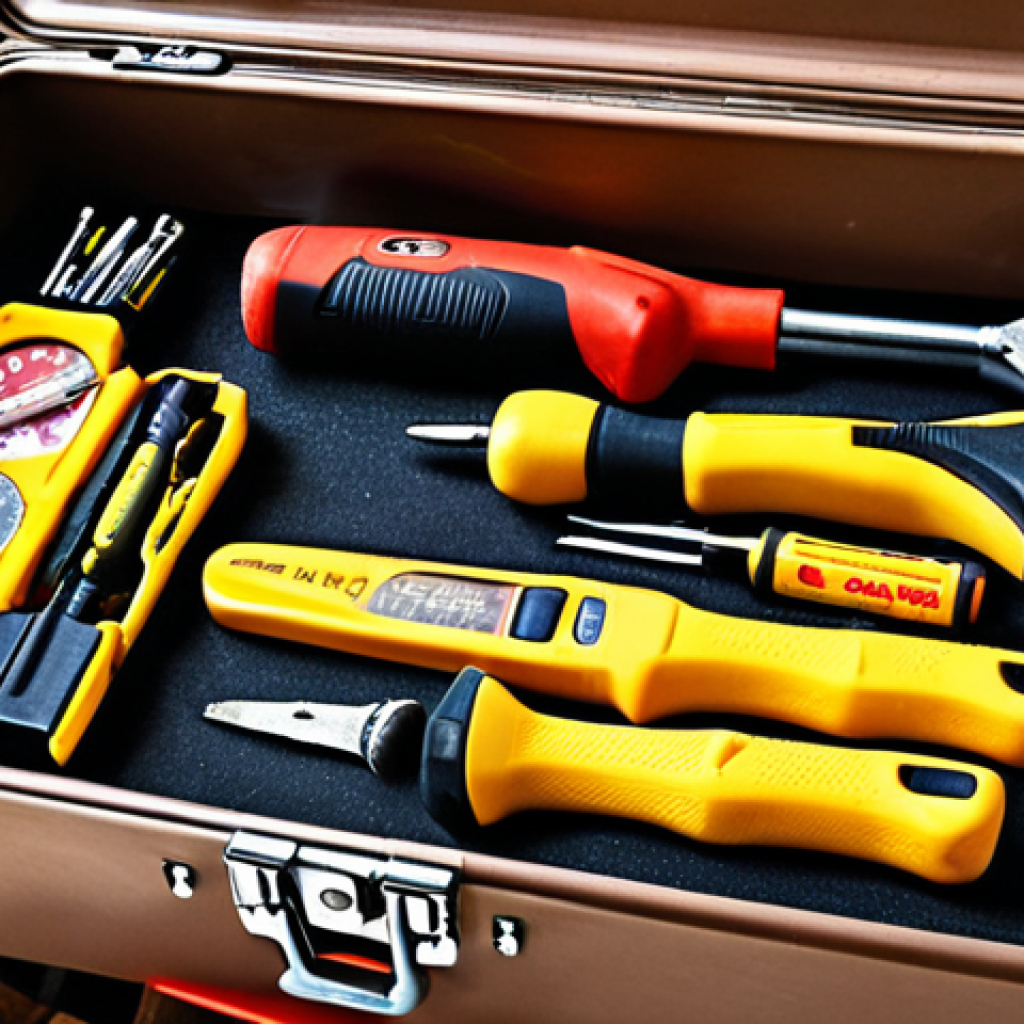 **

A well-organized toolbox filled with essential tools: hammer, screwdrivers, measuring tape, level. Focus on clean arrangement and good lighting. Perhaps add a pair of work gloves resting on top. The scene should evoke a sense of preparedness for DIY projects.

**