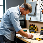 A skilled individual, fully clothed in a modest, professional work shirt and durable trousers, carefully inspecting a set of high-quality essential hand tools. The tools, including a polished claw hammer, a set of ergonomic screwdrivers, an adjustable wrench, a spirit level, and a sturdy tape measure, are neatly arranged on a clean, light-colored workbench. The background features a well-organized workshop with pegboards and labeled storage bins, bathed in natural, soft lighting from a large window. The person exhibits perfect anatomy, correct proportions, and a natural, focused pose, with well-formed hands and proper finger count. The image emphasizes professional photography, high detail, sharp focus, clean lines, appropriate content, safe for work, family-friendly.