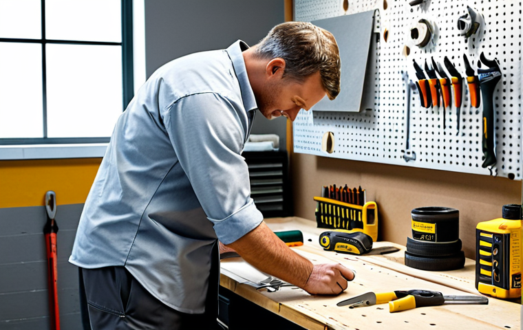 A skilled individual, fully clothed in a modest, professional work shirt and durable trousers, carefully inspecting a set of high-quality essential hand tools. The tools, including a polished claw hammer, a set of ergonomic screwdrivers, an adjustable wrench, a spirit level, and a sturdy tape measure, are neatly arranged on a clean, light-colored workbench. The background features a well-organized workshop with pegboards and labeled storage bins, bathed in natural, soft lighting from a large window. The person exhibits perfect anatomy, correct proportions, and a natural, focused pose, with well-formed hands and proper finger count. The image emphasizes professional photography, high detail, sharp focus, clean lines, appropriate content, safe for work, family-friendly.